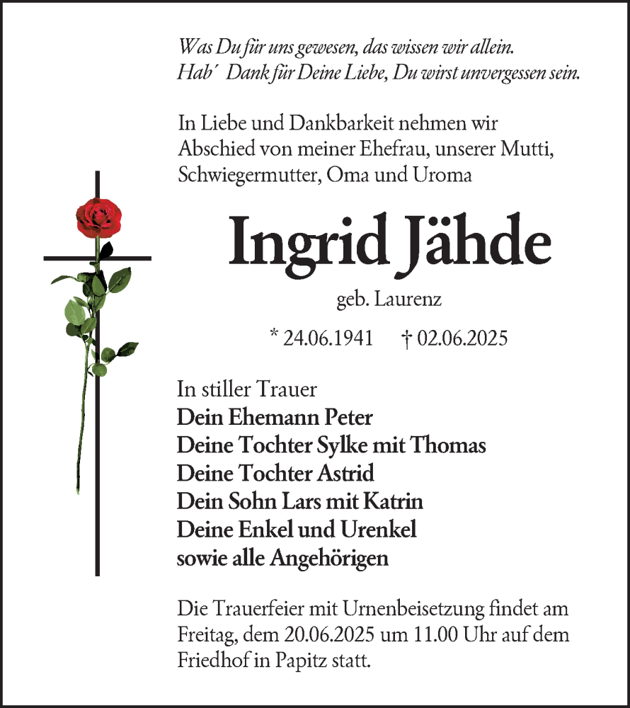  Traueranzeige für Ingrid Jähde vom 14.06.2025 aus Lausitzer Rundschau