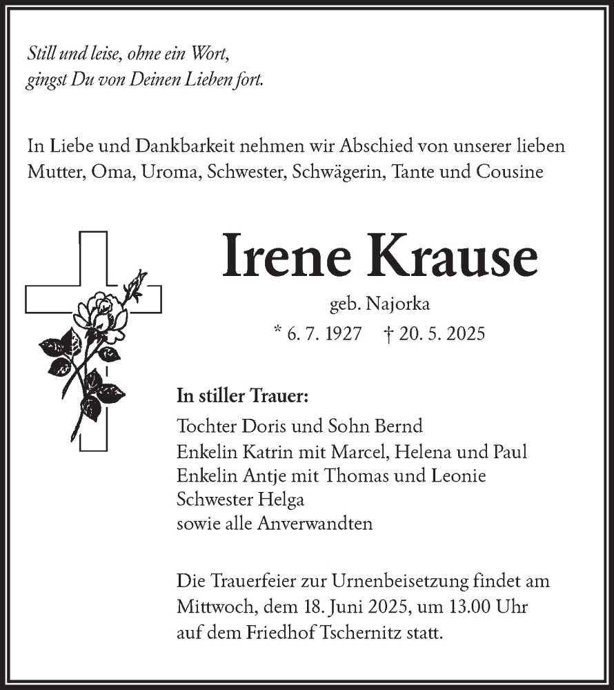  Traueranzeige für Irene Krause vom 07.06.2025 aus Lausitzer Rundschau
