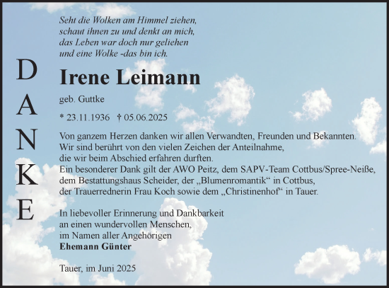 Traueranzeige von Irene Leimann von Lausitzer Rundschau