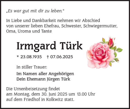 Traueranzeige von Irmgard Türk von Lausitzer Rundschau