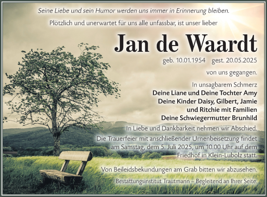 Traueranzeige von Jan de Waardt von Lausitzer Rundschau