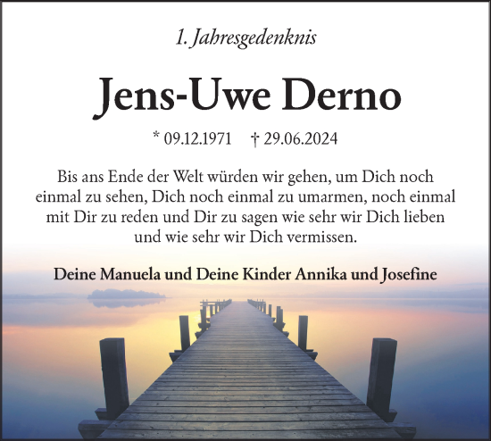 Traueranzeige von Jens-Uwe Derno von Lausitzer Rundschau