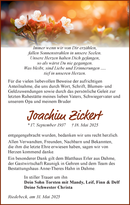 Traueranzeige von Joachim Zickert von Lausitzer Rundschau
