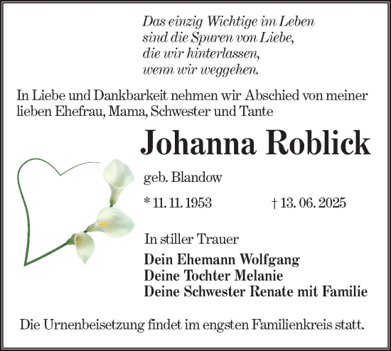 Traueranzeige von Johanna Roblick von Lausitzer Rundschau