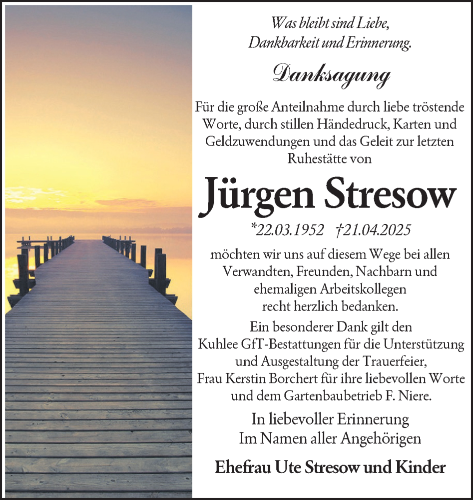  Traueranzeige für Jürgen Stresow vom 28.06.2025 aus Lausitzer Rundschau