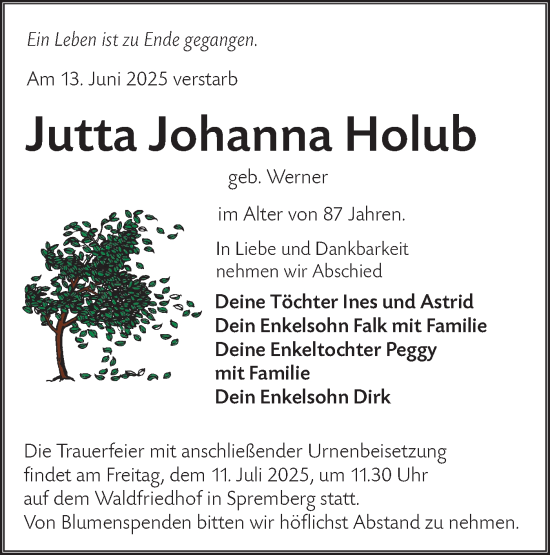 Traueranzeige von Jutta Johanna Holub von Lausitzer Rundschau