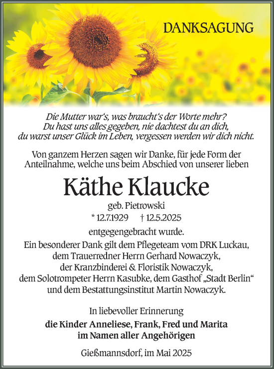Traueranzeige von Käthe Klaucke von Lausitzer Rundschau