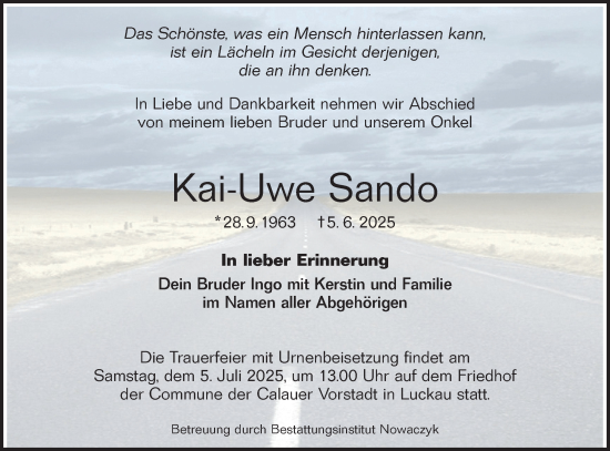 Traueranzeige von Kai-Uwe Sando von Lausitzer Rundschau