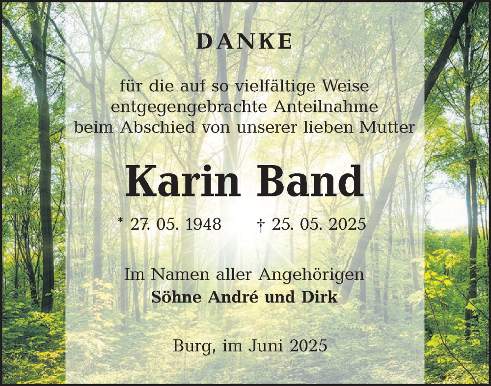  Traueranzeige für Karin Band vom 28.06.2025 aus Lausitzer Rundschau