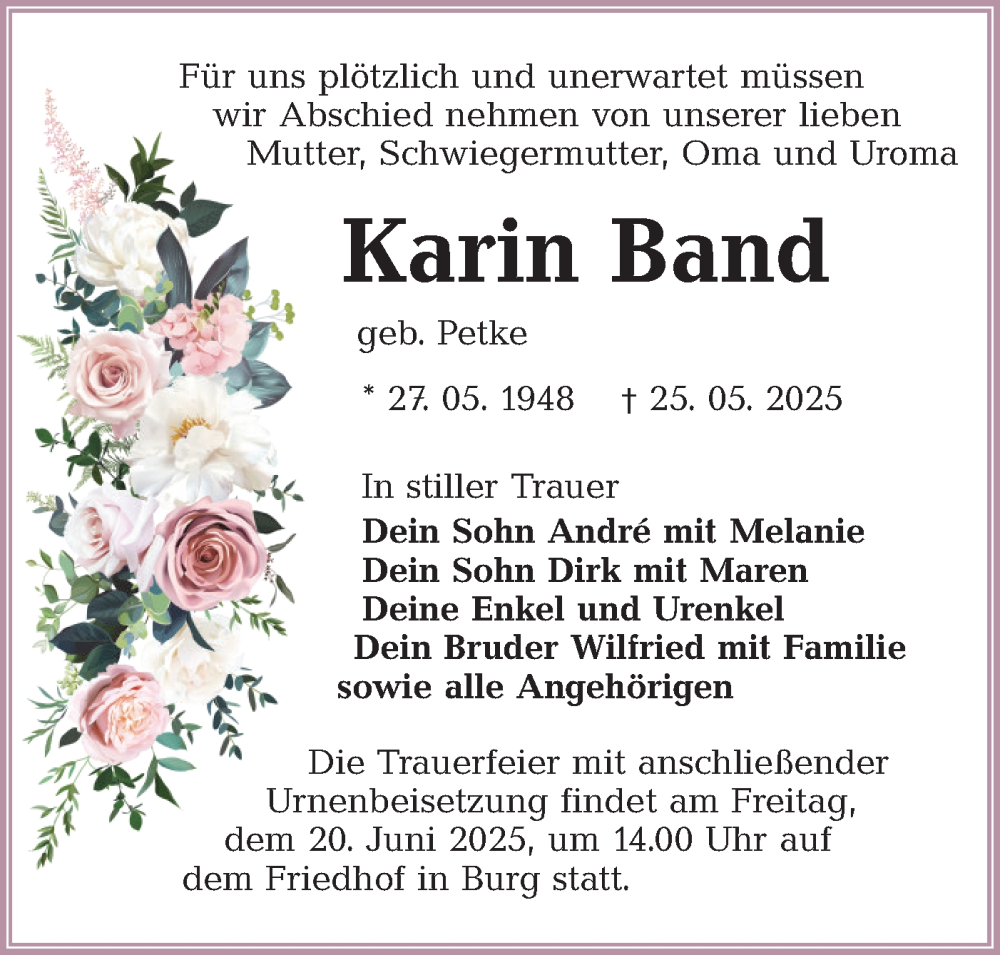  Traueranzeige für Karin Band vom 07.06.2025 aus Lausitzer Rundschau