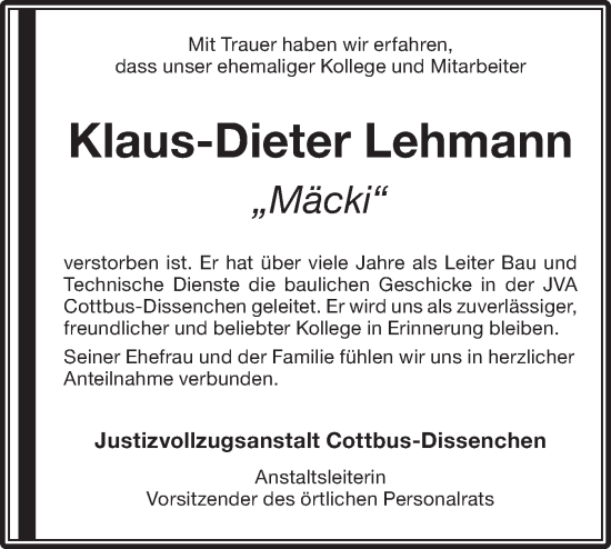 Traueranzeige von Klaus-Dieter Lehmann von Lausitzer Rundschau