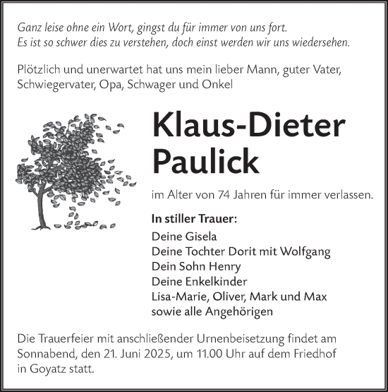 Traueranzeige von Klaus-Dieter Paulick von Lausitzer Rundschau