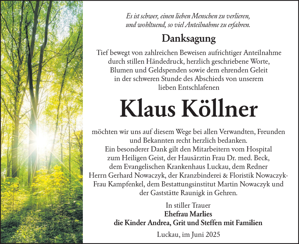  Traueranzeige für Klaus Köllner vom 21.06.2025 aus Lausitzer Rundschau