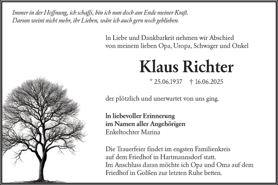 Traueranzeige von Klaus Richter von Lausitzer Rundschau