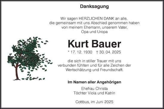 Traueranzeige von Kurt Bauer von Lausitzer Rundschau