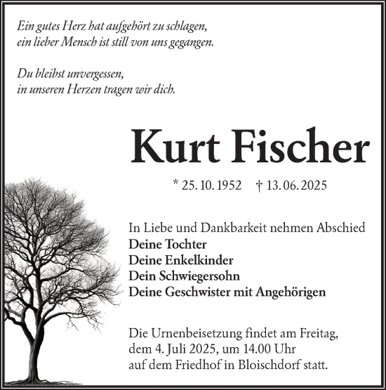 Traueranzeige von Kurt Fischer von Lausitzer Rundschau