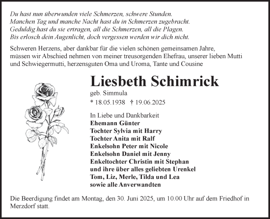 Traueranzeige von Liesbeth Schimrick von Lausitzer Rundschau
