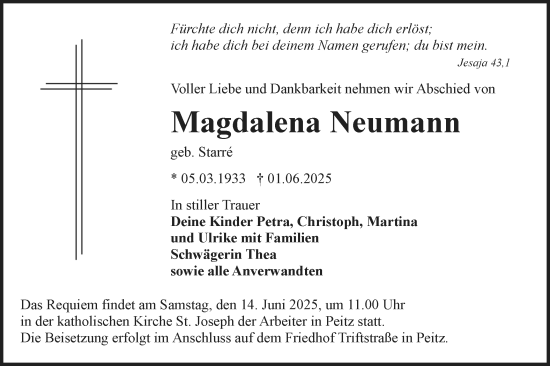 Traueranzeige von Magdalena Neumann von Lausitzer Rundschau
