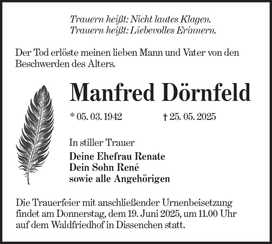 Traueranzeige von Manfred Dörnfeld von Lausitzer Rundschau