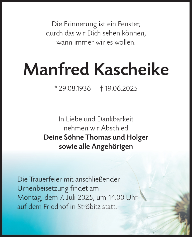  Traueranzeige für Manfred Kascheike vom 28.06.2025 aus Lausitzer Rundschau