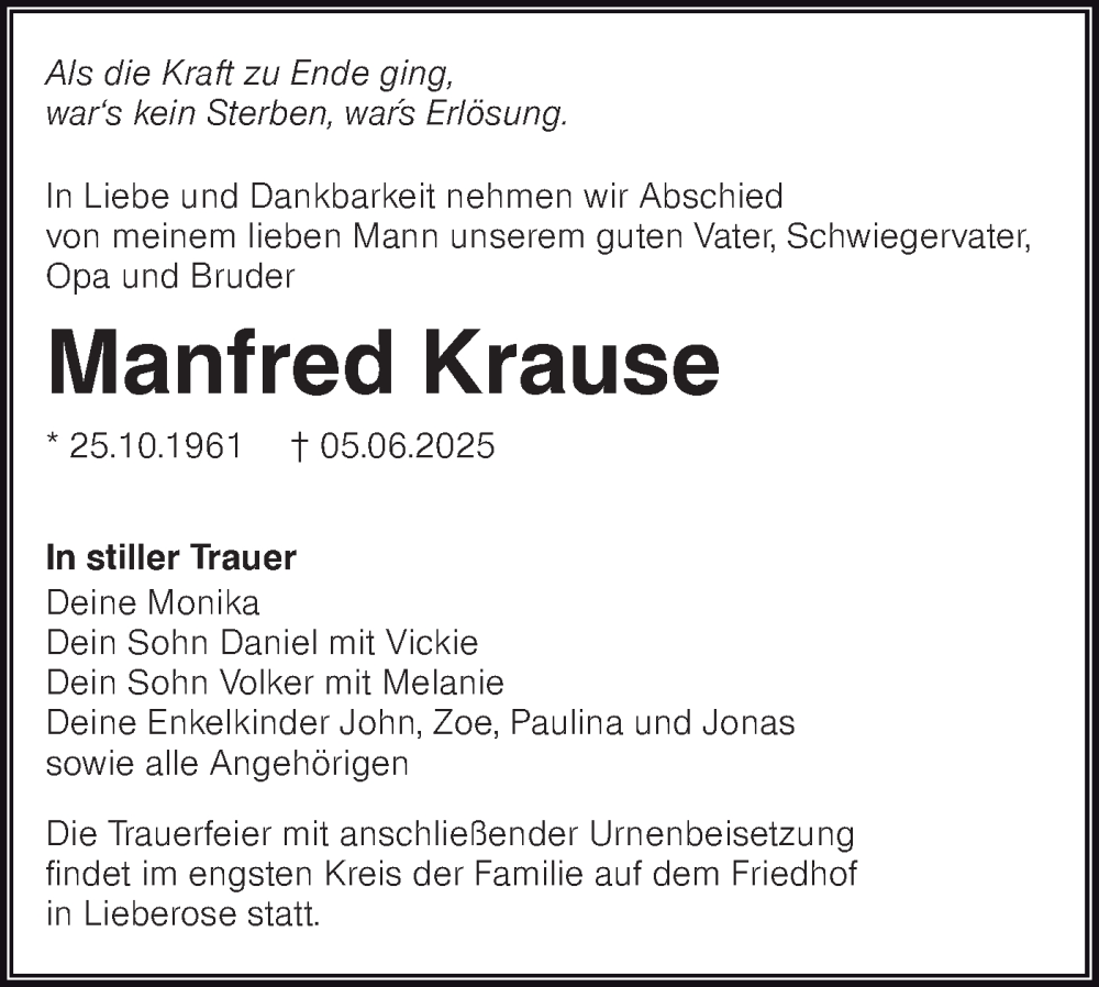 Traueranzeige für Manfred Krause vom 14.06.2025 aus Lausitzer Rundschau
