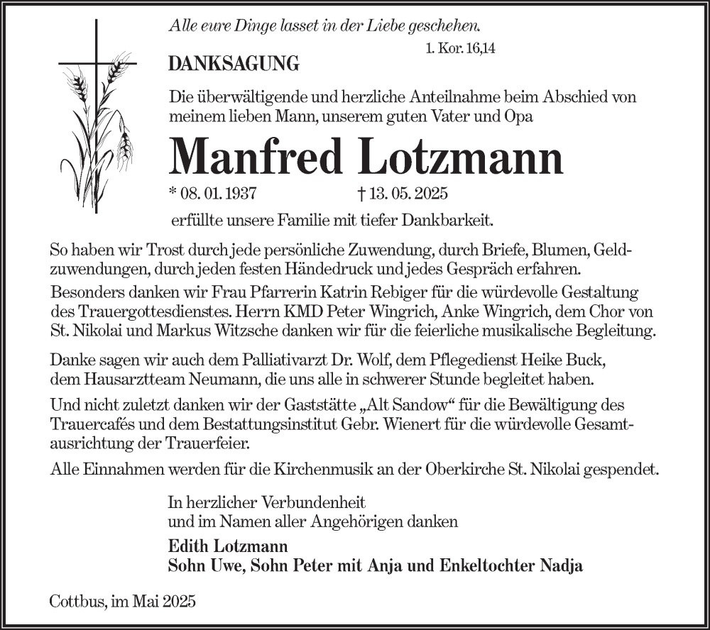  Traueranzeige für Manfred Lotzmann vom 07.06.2025 aus Lausitzer Rundschau