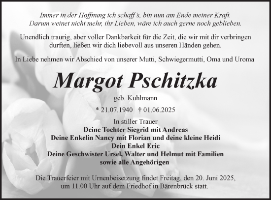 Traueranzeige von Margot Pschitzka von Lausitzer Rundschau