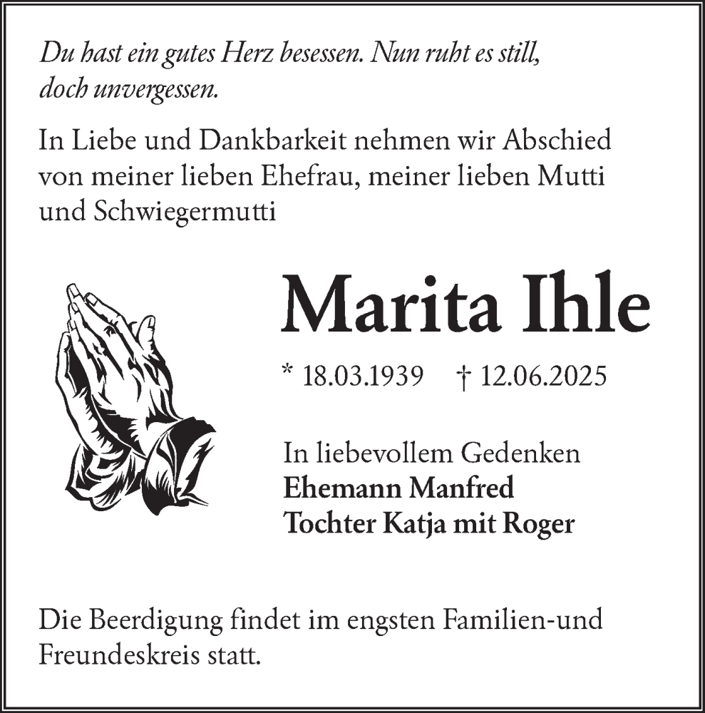  Traueranzeige für Marita Ihle vom 21.06.2025 aus Lausitzer Rundschau