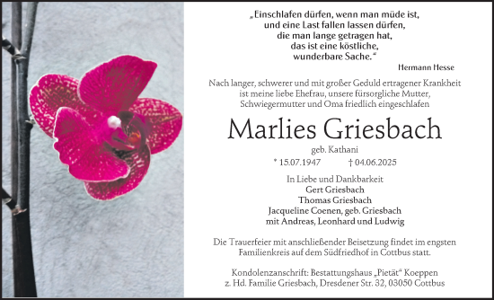 Traueranzeige von Marlies Griesbach von Lausitzer Rundschau