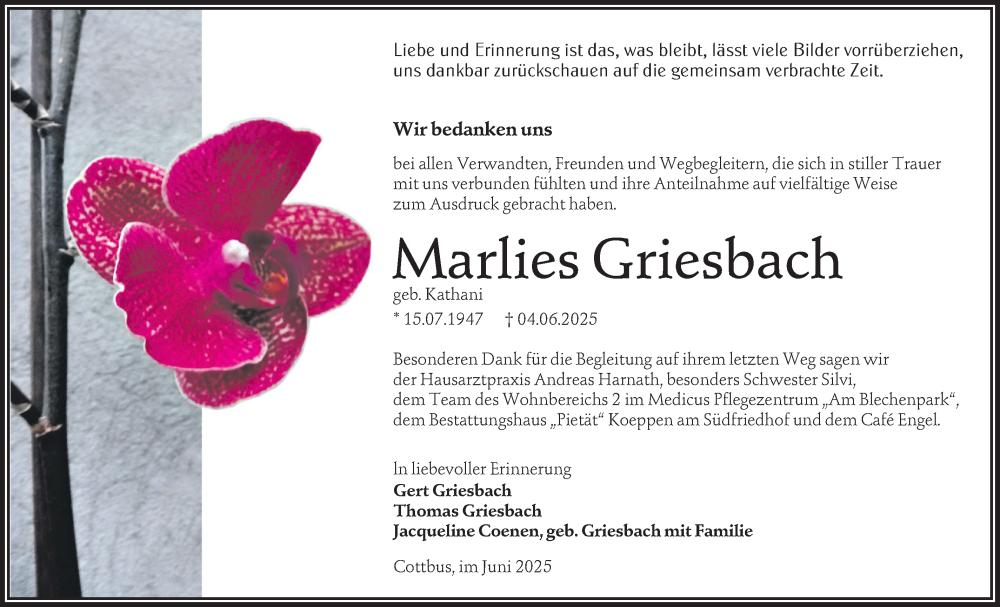  Traueranzeige für Marlies Griesbach vom 28.06.2025 aus Lausitzer Rundschau