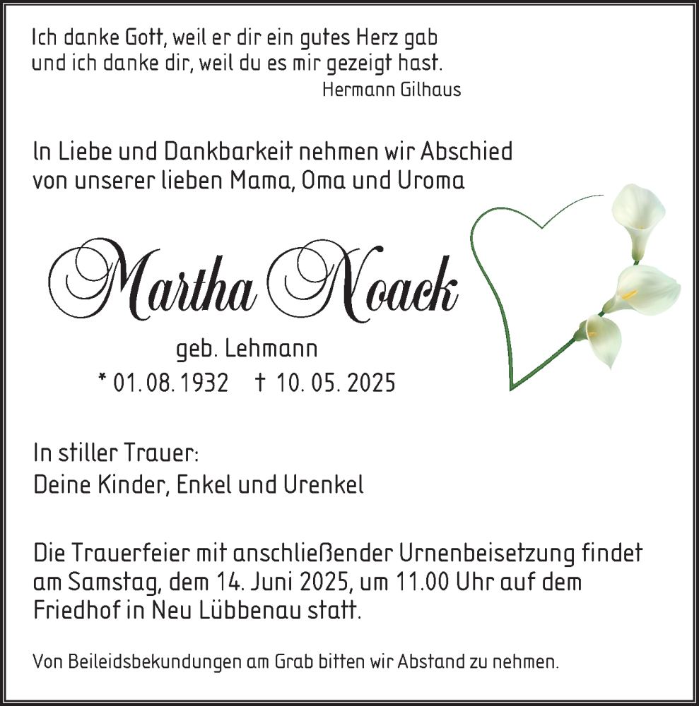  Traueranzeige für Martha Noack vom 21.06.2025 aus Lausitzer Rundschau