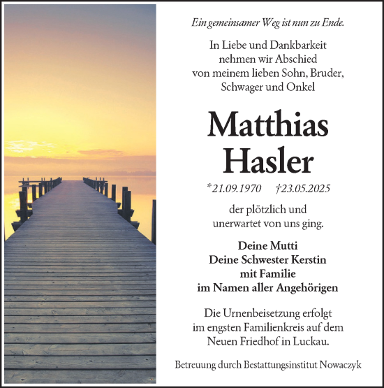 Traueranzeige von Matthias Hasler von Lausitzer Rundschau