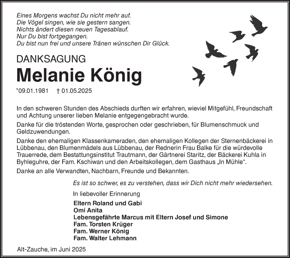  Traueranzeige für Melanie König vom 21.06.2025 aus Lausitzer Rundschau
