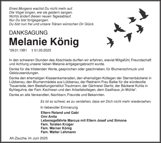 Traueranzeige von Melanie König von Lausitzer Rundschau