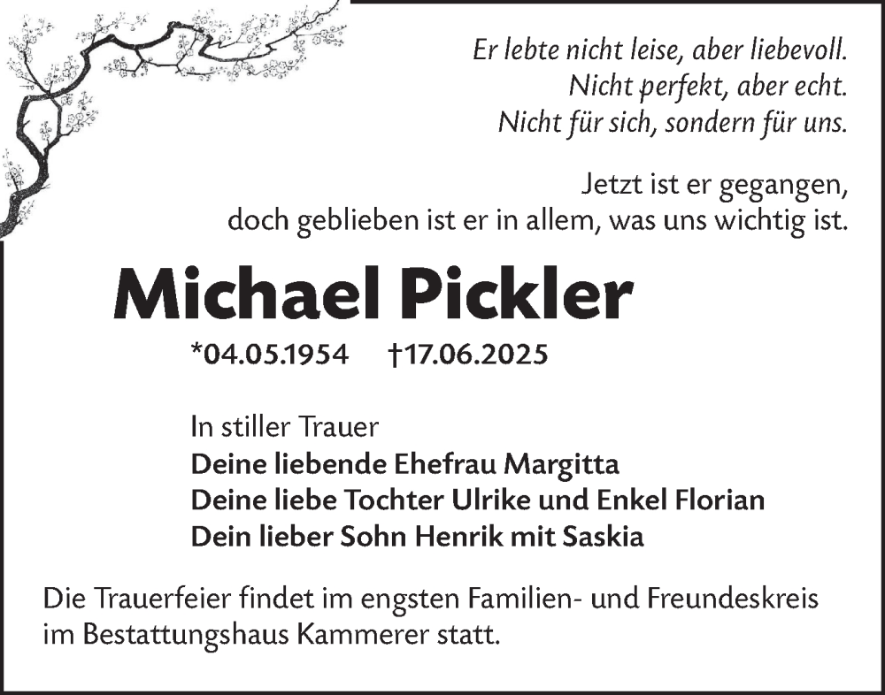  Traueranzeige für Michael Pickler vom 28.06.2025 aus Lausitzer Rundschau