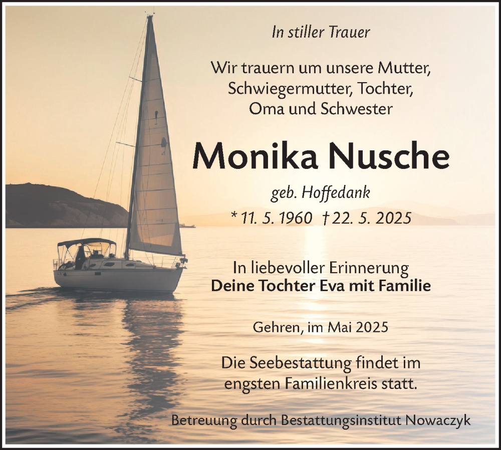  Traueranzeige für Monika Nusche vom 07.06.2025 aus Lausitzer Rundschau