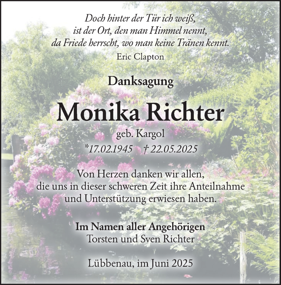  Traueranzeige für Monika Richter vom 28.06.2025 aus Lausitzer Rundschau