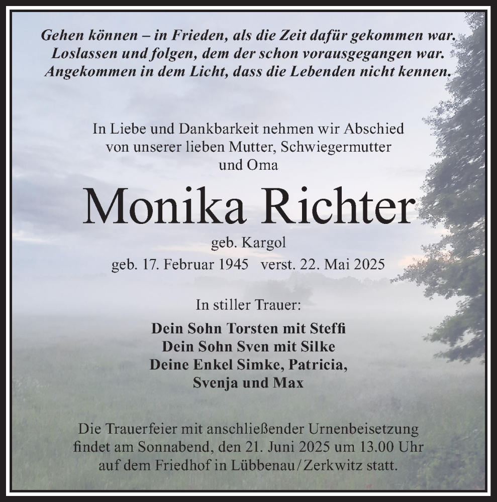  Traueranzeige für Monika Richter vom 07.06.2025 aus Lausitzer Rundschau