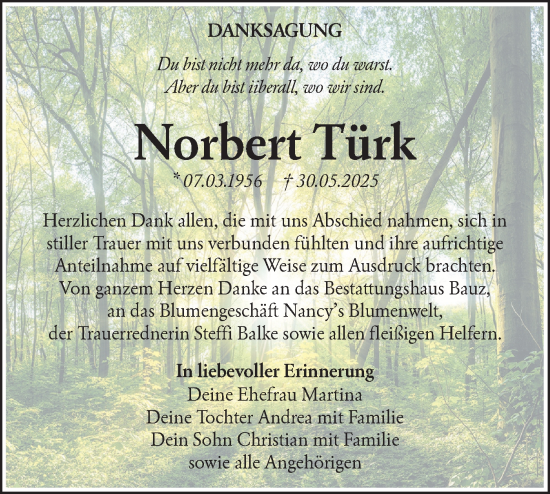 Traueranzeige von Norbert Türk von Lausitzer Rundschau