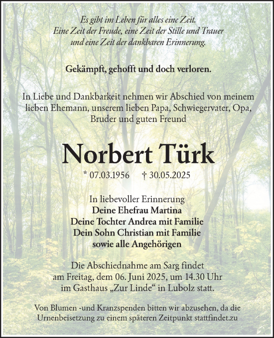 Traueranzeige von Norbert Türk von Lausitzer Rundschau