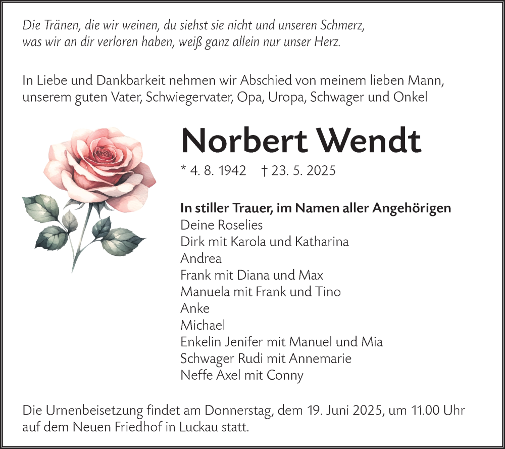  Traueranzeige für Norbert Wendt vom 07.06.2025 aus Lausitzer Rundschau