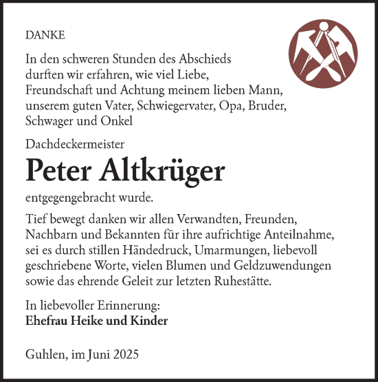 Traueranzeige von Peter Altkrüger von Lausitzer Rundschau