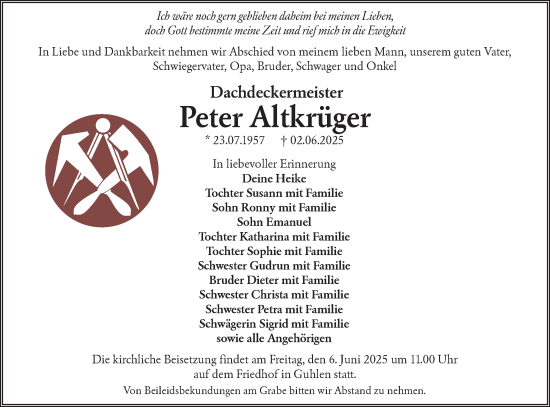 Traueranzeige von Peter Altkrüger von Lausitzer Rundschau