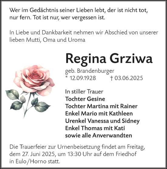 Traueranzeige von Regina Grziwa von Lausitzer Rundschau