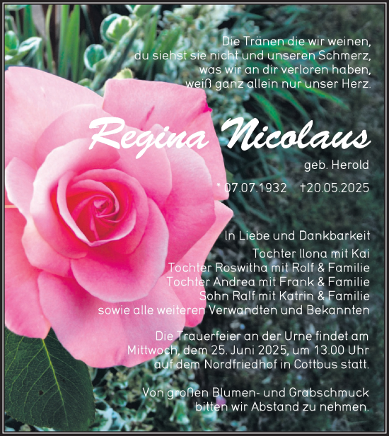 Traueranzeige von Regina Nicolaus von Lausitzer Rundschau