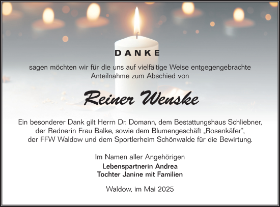 Traueranzeige von Reiner Wenske von Lausitzer Rundschau