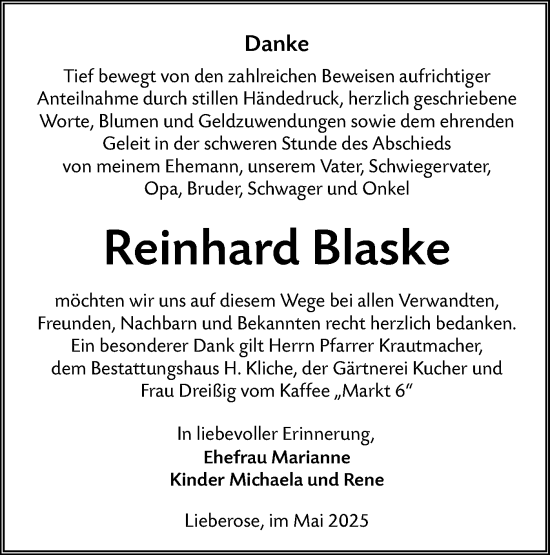 Traueranzeige von Reinhard Blaske von Lausitzer Rundschau