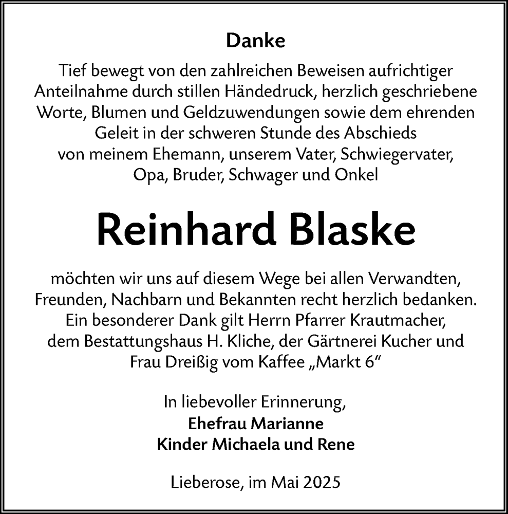  Traueranzeige für Reinhard Blaske vom 07.06.2025 aus Lausitzer Rundschau
