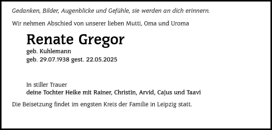 Traueranzeige von Renate Gregor von Lausitzer Rundschau