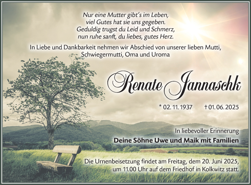  Traueranzeige für Renate Jannaschk vom 07.06.2025 aus Lausitzer Rundschau